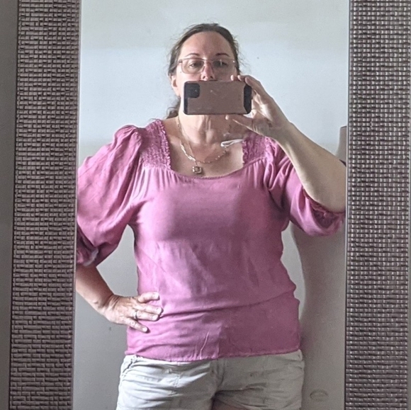 FLORAL and Ivy Pink Puff Sleeve Top Size L - Picture 8 of 9